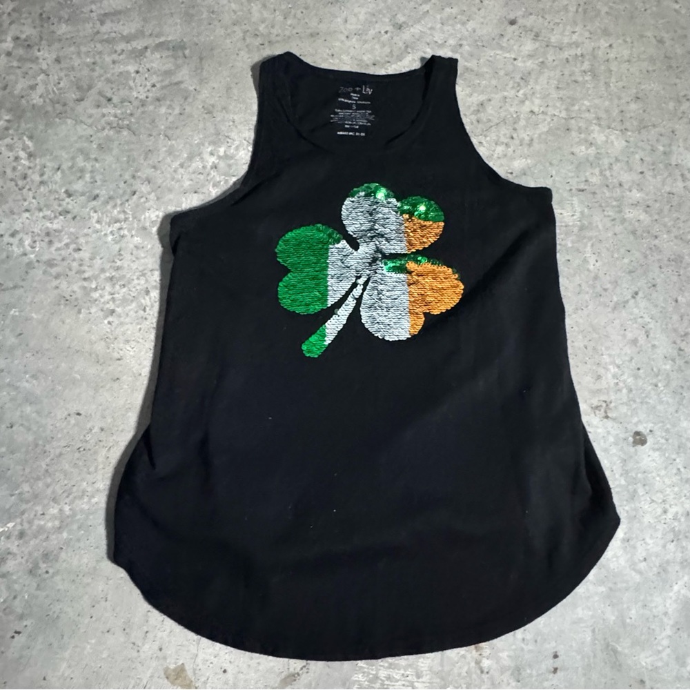 Zoe + Liv Black Tank Top Sequin Shamrock Size S Festive‎ Party Green Gold